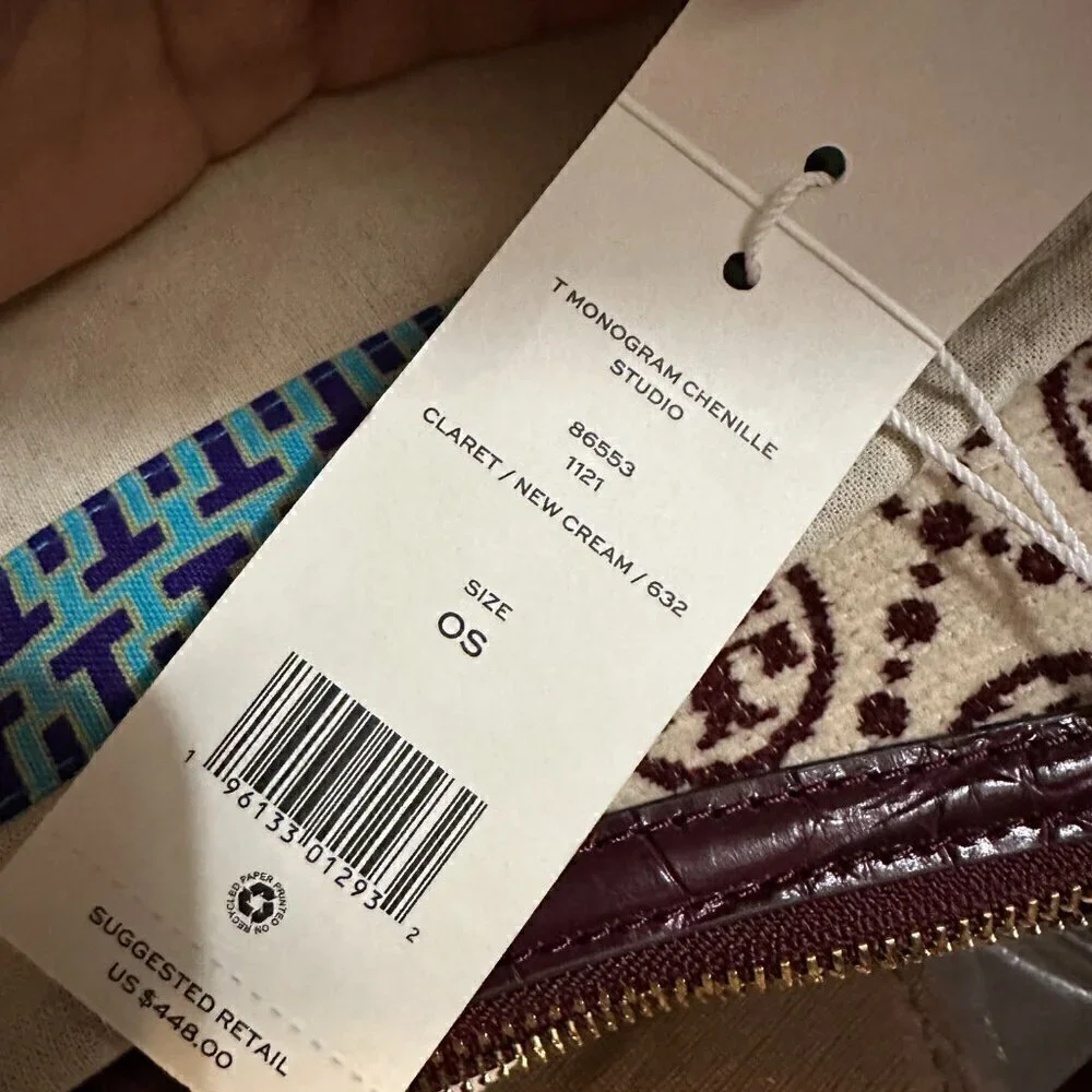 NWT! NEW! Tory Burch T MONOGRAM CHENILLE STUDIO BAG -Claret